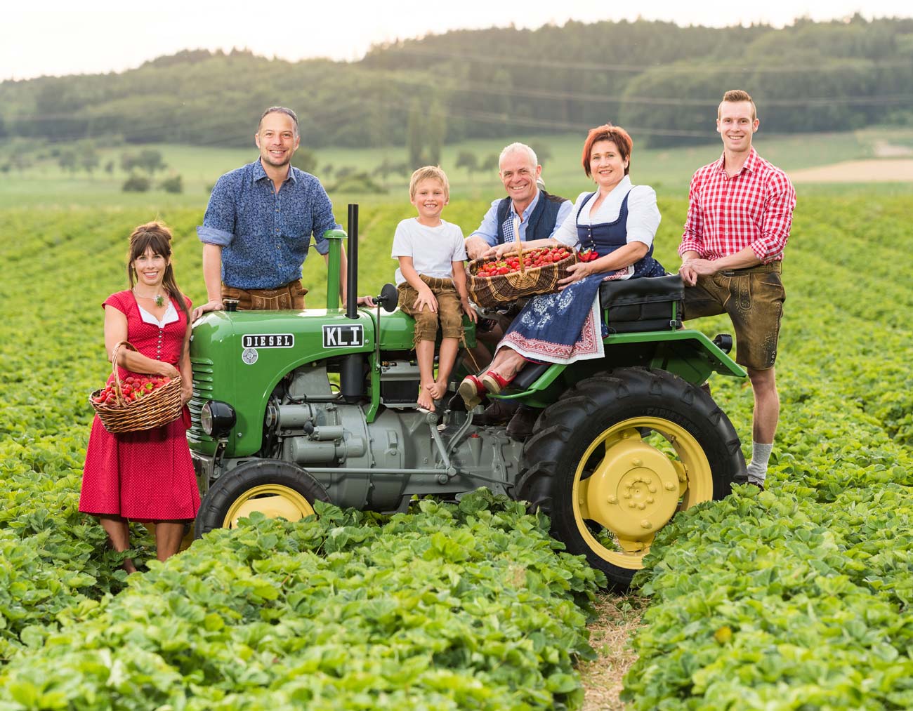 Familie Wurzer auf einem Oldtimer-Traktor auf ihrem Erdbeerfeld in Bodensdorf bei Wieselburg
