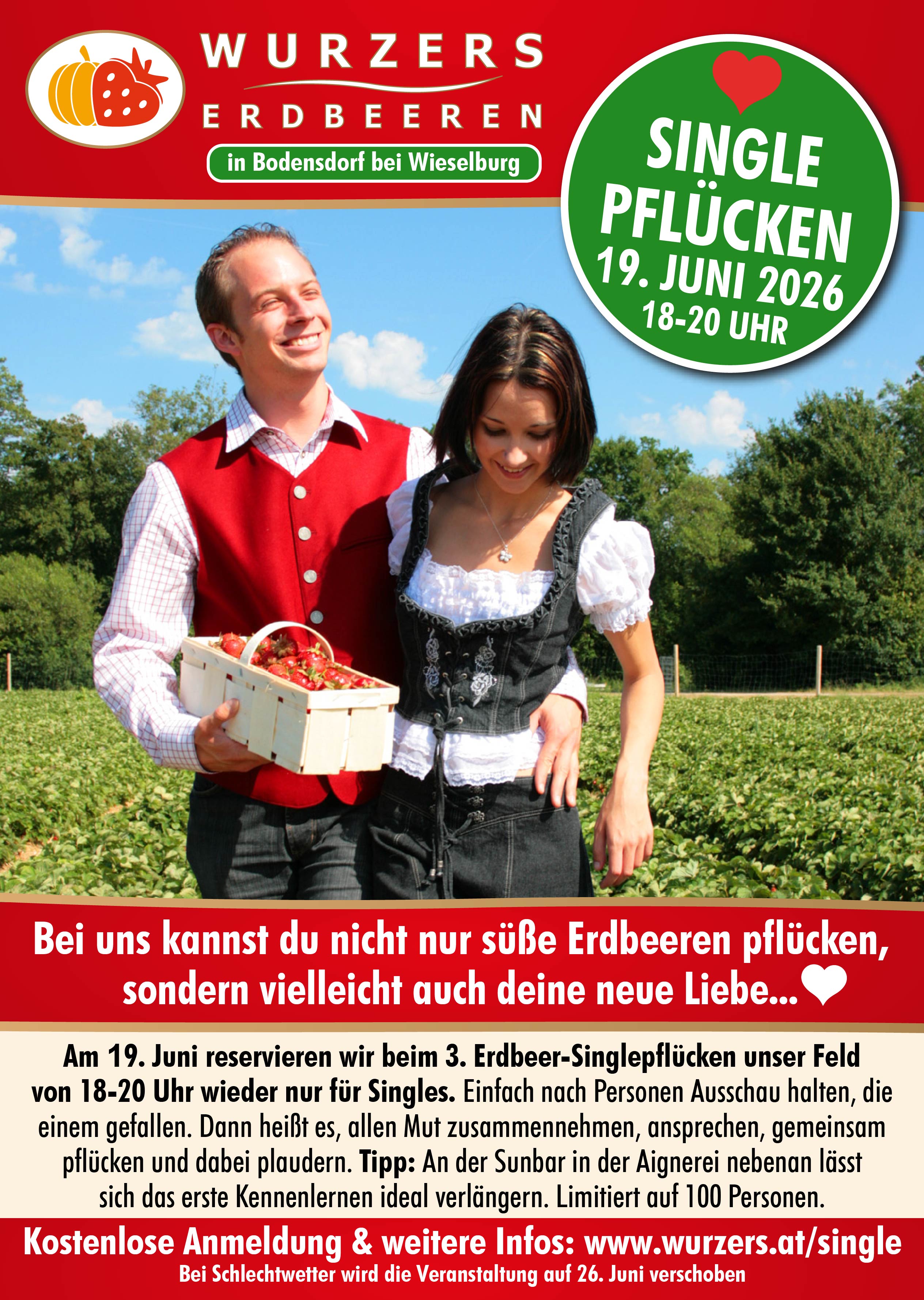 Erdbeer-Singlepfl&uuml;cken am 19. Juni 2026 auf Wurzers Erdbeerfeld in Bodensdorf bei Wieselburg